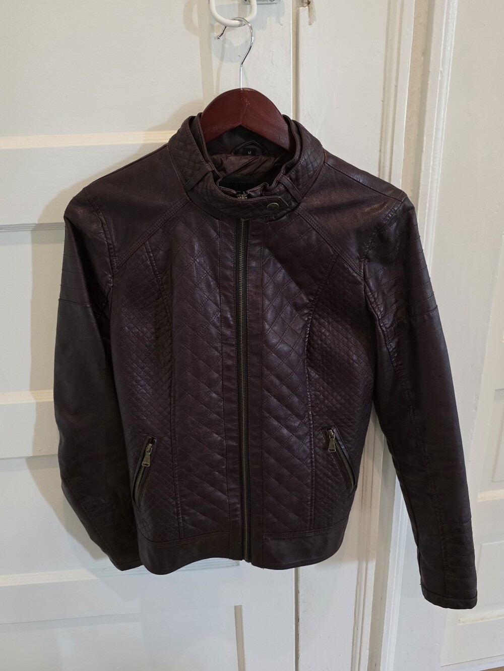 Guess Quilted Leather Jacket in Dark Plum